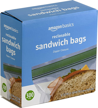 Amazon Basics Resealable Double Zipper Sandwich Storage Bags for Food Storage, 300 Count (Previously Solimo)