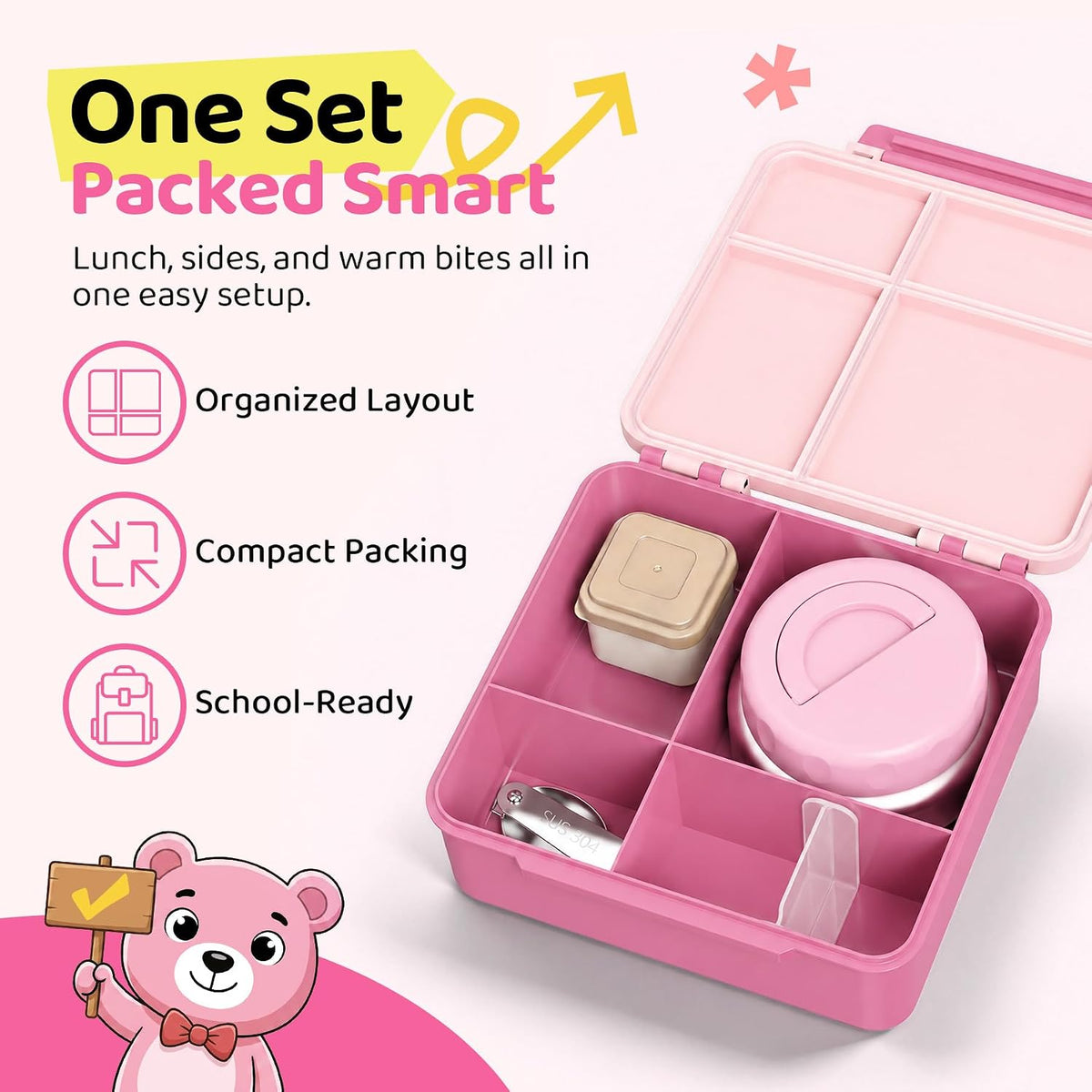 Kids Bento Lunch Box Leak-Proof 4-Compartment 8oz Soup Thermo（Pink）