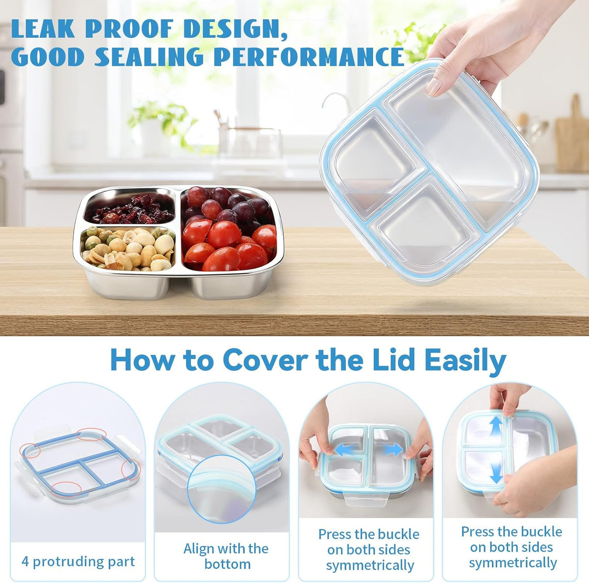 Stainless Steel Snack Containers, 3 Compartments Reusable on and go Bento Box with Lids for Kids, Lunch Box Pre Meal Storage for Daycare School Outdoor Camping Travel - Blue