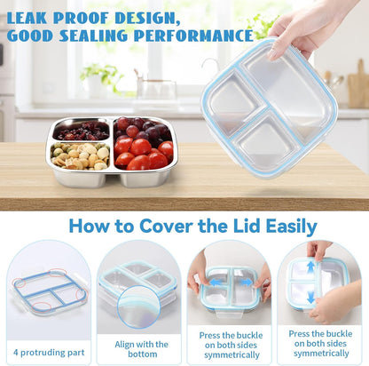 Stainless Steel Snack Containers, 3 Compartments Reusable on and go Bento Box with Lids for Kids, Lunch Box Pre Meal Storage for Daycare School Outdoor Camping Travel - Blue