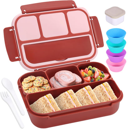 Bento Box Adult Lunch Box, Containers for Adults Men Women with 4 Compartments, Lunchable Food Container with Utensils, Sauce Jar, Muffin Liners, 40 Oz/5 Cup, Microwave & Dishwasher Safe, Brown