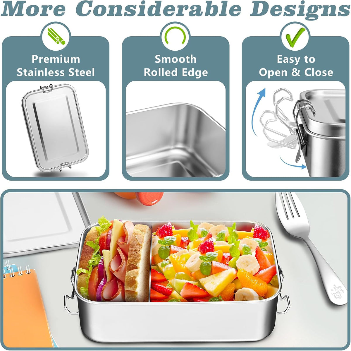 TeamFar Stainless Steel Bento Box, 3 Pack (18.6, 28 & 47oz) Metal Lunch Box