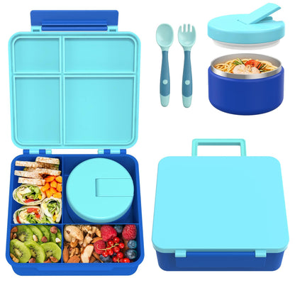 Pawtong Bento Lunch Box with 8oz Soup Thermo, Kids Leakproof Lunch Food Containers with 4 Compartment, Kids Thermo Insulated Hot Food Jar for School, Trvael - (Pink)