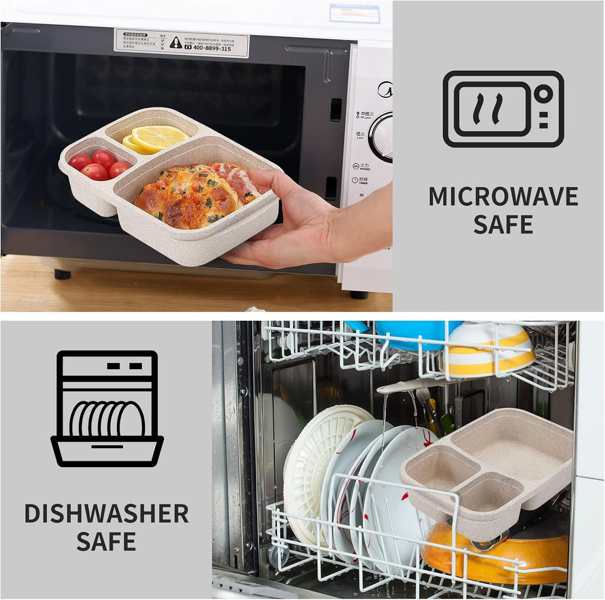 buluker 4 Pack Bento Lunch Box Set 3 Compartment Food Storage Containers Wheat Straw Meal Prep Lunch Box Plastic Food Storage Containers, Microwave and Dishwasher Safe (light colour)