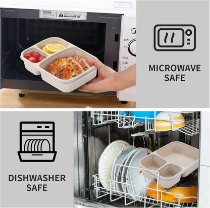 buluker 4 Pack Bento Lunch Box Set 3 Compartment Food Storage Containers Wheat Straw Meal Prep Lunch Box Plastic Food Storage Containers, Microwave and Dishwasher Safe (light colour)