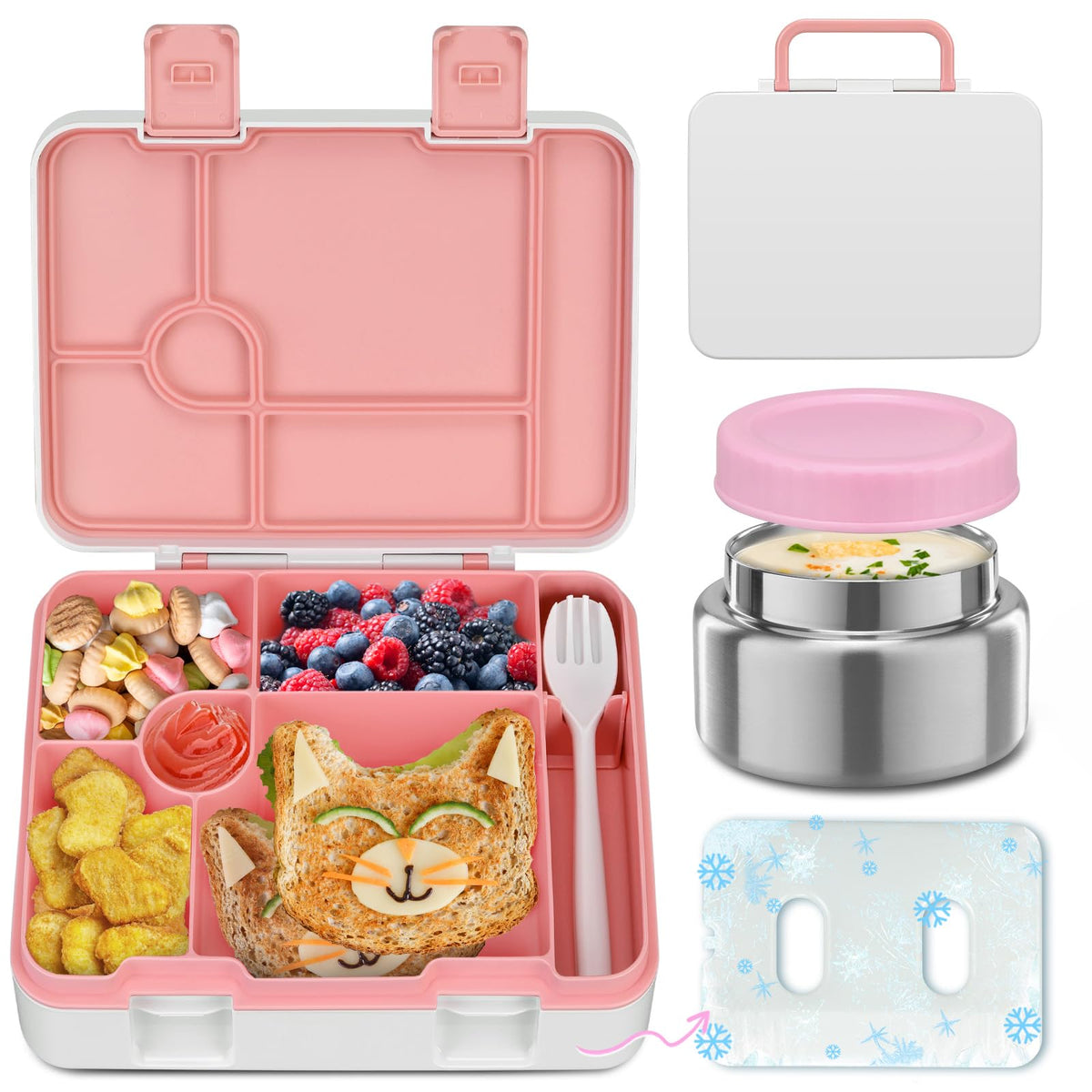 Kids Bento Lunch Box with Ice Pack, 5 Compartments Leak-Proof Bento Box with Utensils, 5.5-Cup Capacity for Adults & Ages 8+, BPA Free, Microwave & Dishwasher Safe, Pink