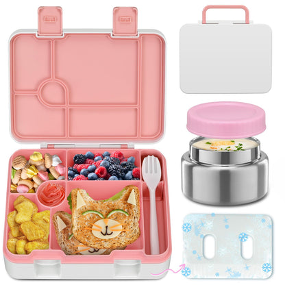Kids Bento Lunch Box with Ice Pack, 5 Compartments Leak-Proof Bento Box with Utensils, 5.5-Cup Capacity for Adults & Ages 8+, BPA Free, Microwave & Dishwasher Safe, Pink