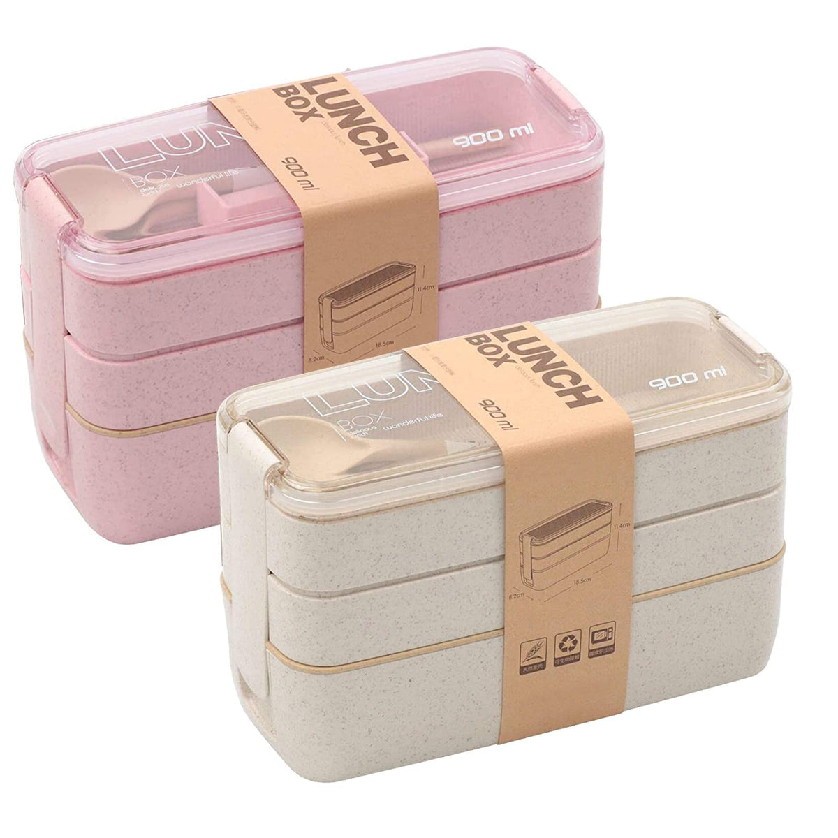 Rarapop 3 Pack Stackable Bento Box Adult Japanese Lunch Box Kit with Spoon & Fork, 3-In-1 Compartment Wheat Straw Meal Prep Containers (Green/Pink/Beige)