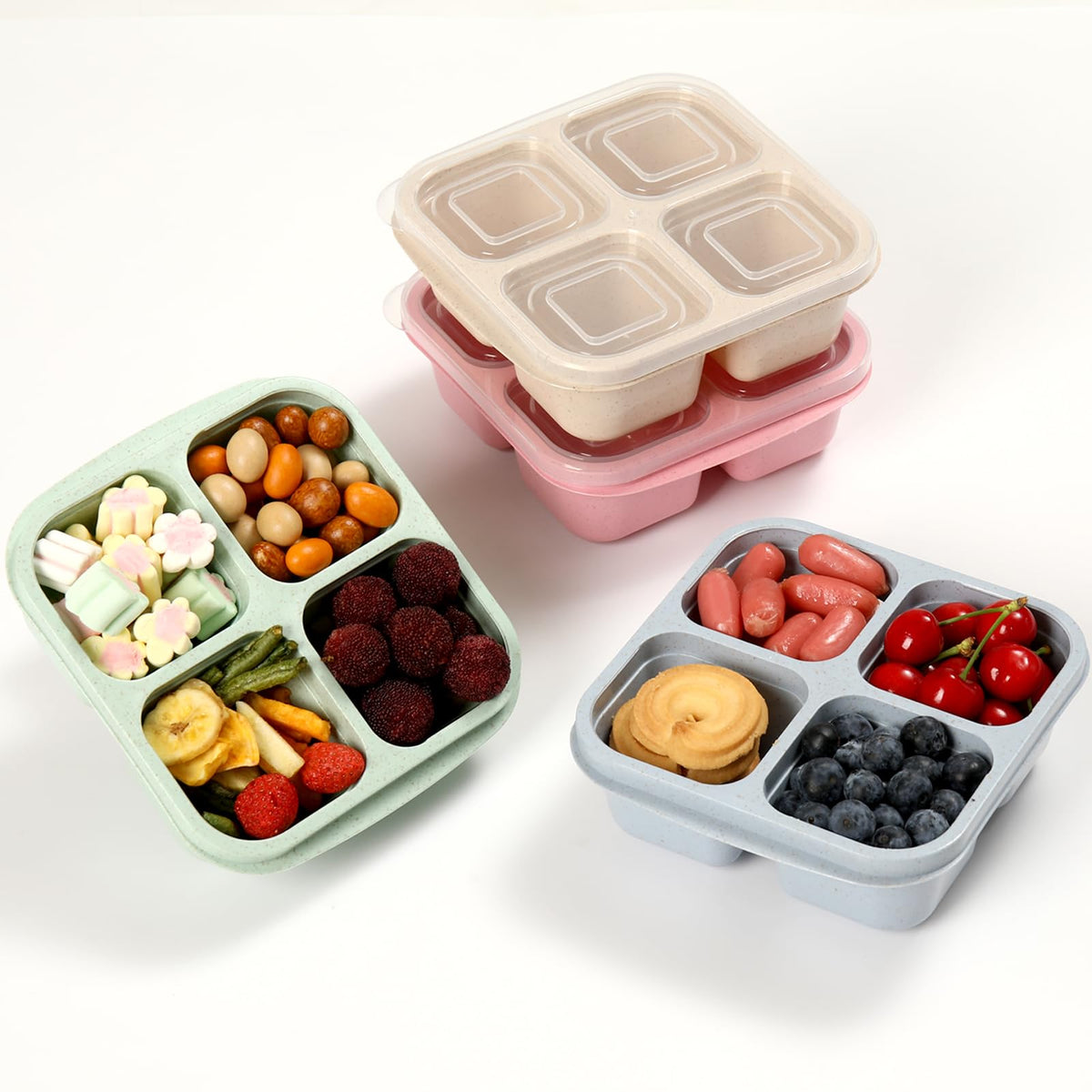 6 Pack Snack Containers, 4 Compartment Snack Box Containers Bento Box, Reusable Meal Prep Lunch Containers for Adults Kids Toddler, Divided Food Containers for Travel Work School