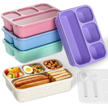 Bento Box 5-Pack, 4-Compartment Lunch Box for Women, Men & Kids, BPA-Free Wheat Straw Snack Containers, Ideal for Meal Prep, Travel, School, Work (White)