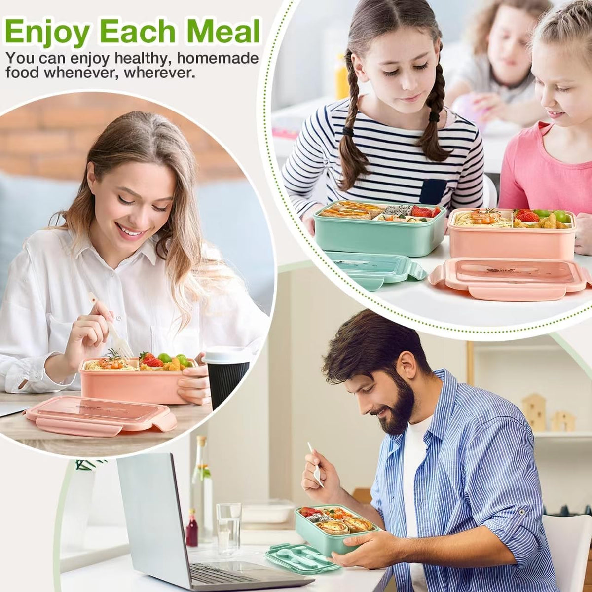 Mfacoy® 3 Pack Bento Boxes for Adults/Kids, 1100 ML Bento Lunch Box With Spoon & Fork, Lunch Box Containers, Bento Box for Dining Out, Work, Picnic, BPA-Free, Microwave & Dishwasher Safe