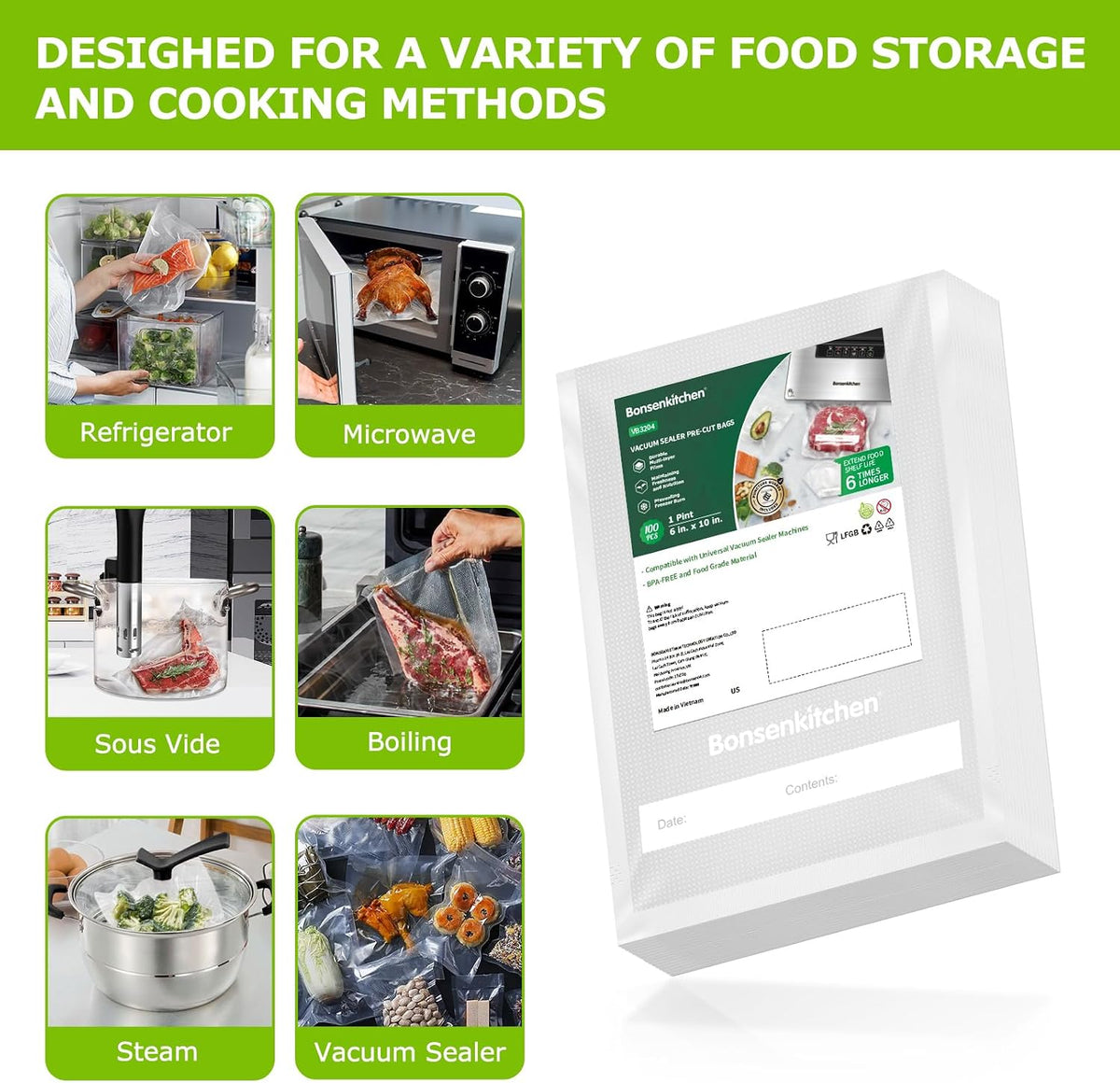 Bonsenkitchen Precut Vacuum Food Sealer Bags 100 Pint 6" x 10", BPA Free