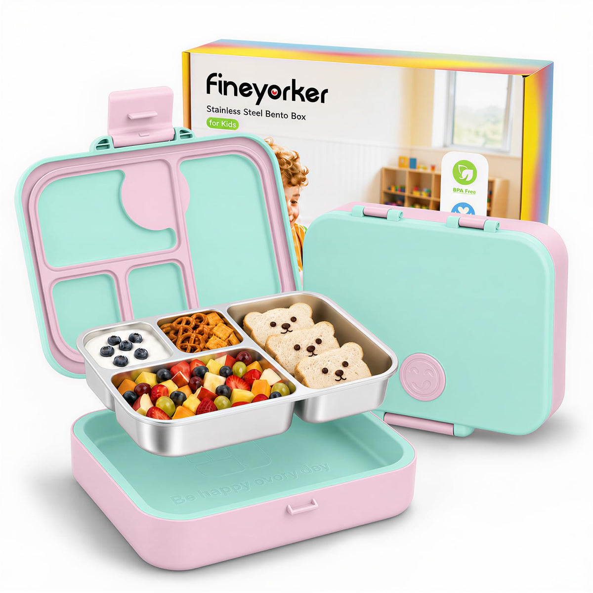 Kids Stainless Steel Bento Lunch Box, 4 Compartments