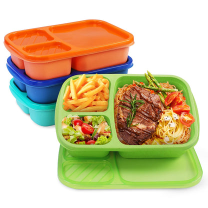 buluker 4 Pack Bento Lunch Box Set 3 Compartment Food Storage Containers Wheat Straw Meal Prep Lunch Box Plastic Food Storage Containers, Microwave and Dishwasher Safe (light colour)