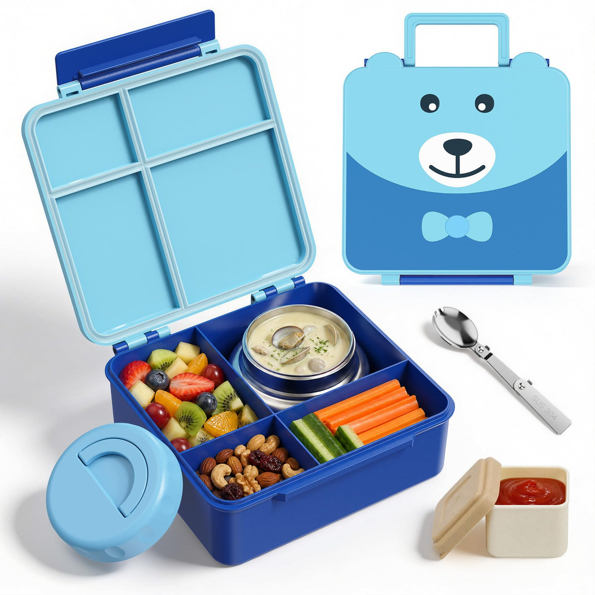 Kids Bento Lunch Box Leak-Proof 4-Compartment 8oz Soup Thermo（Pink）
