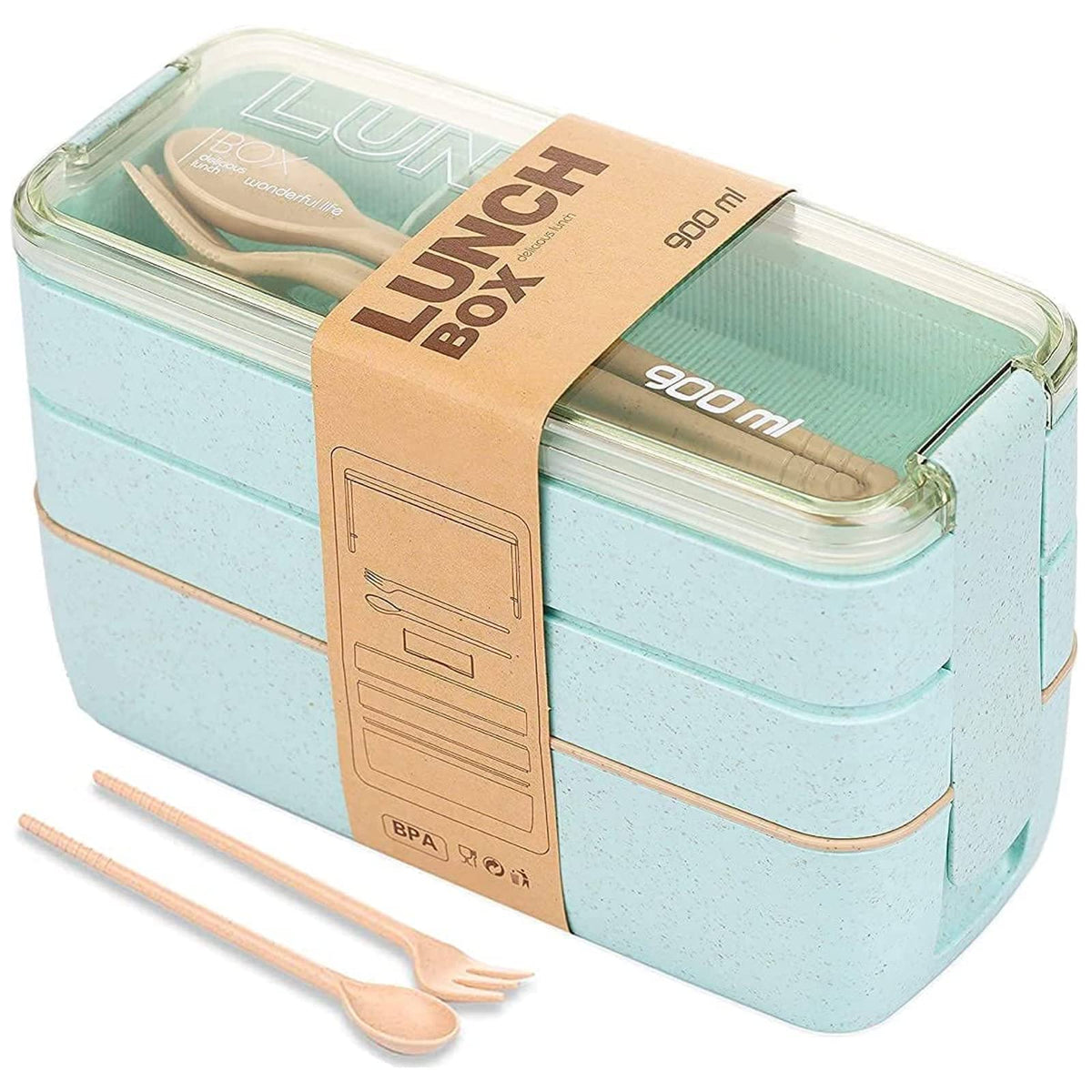 Rarapop 3 Pack Stackable Bento Box Adult Japanese Lunch Box Kit with Spoon & Fork, 3-In-1 Compartment Wheat Straw Meal Prep Containers (Green/Pink/Beige)