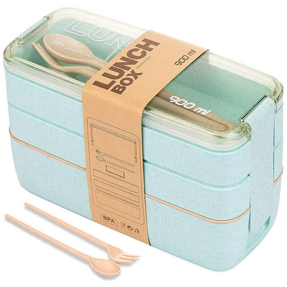 Rarapop 3 Pack Stackable Bento Box Adult Japanese Lunch Box Kit with Spoon & Fork, 3-In-1 Compartment Wheat Straw Meal Prep Containers (Green/Pink/Beige)