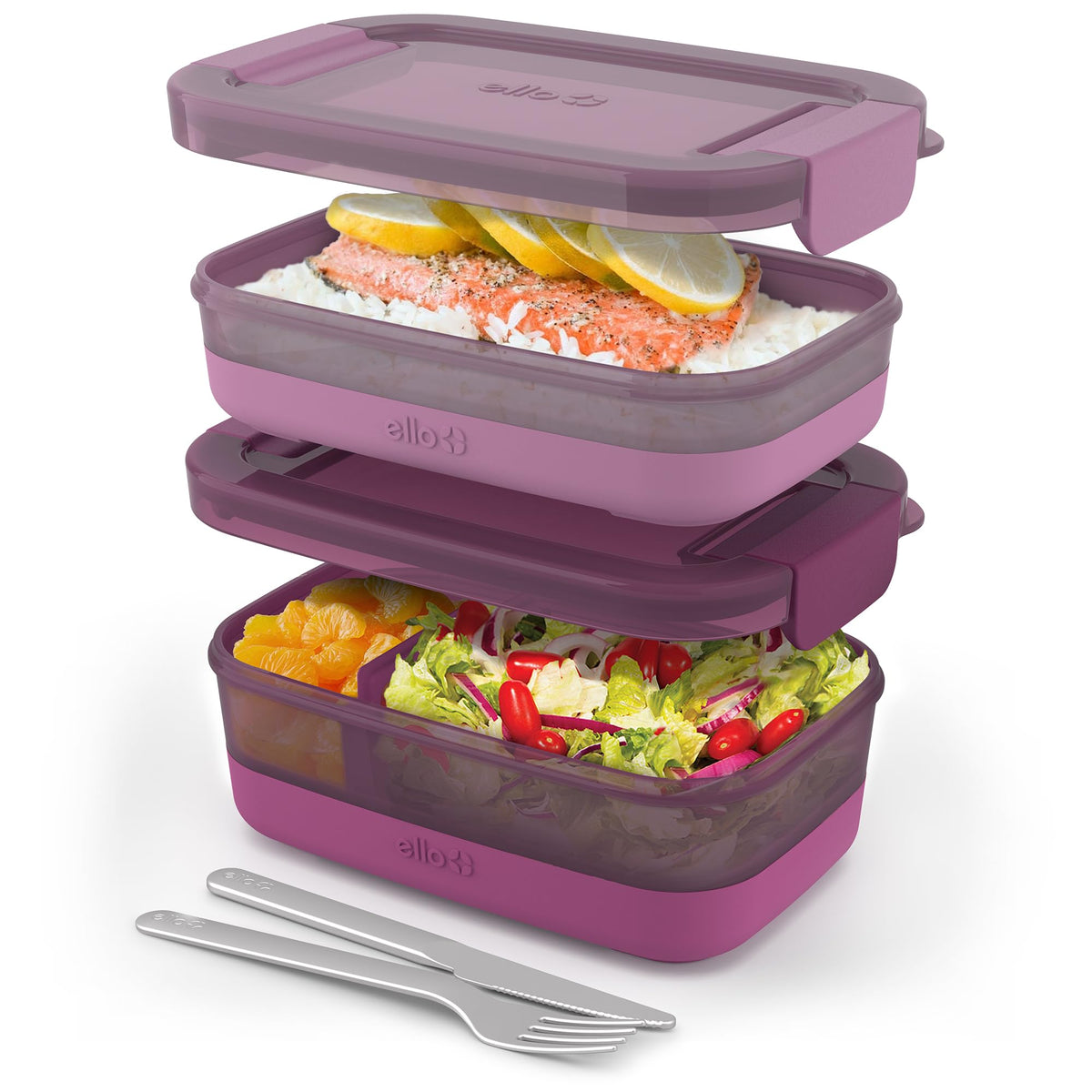 Ello Lunch Stack Bento Box Plastic Food Containers, 2 Pack, Wisteria