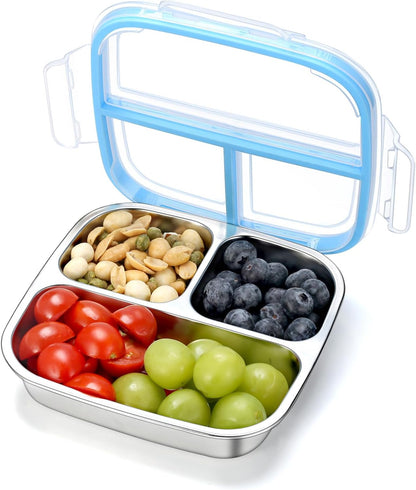Stainless Steel Snack Containers, 3 Compartments Reusable on and go Bento Box with Lids for Kids, Lunch Box Pre Meal Storage for Daycare School Outdoor Camping Travel - Blue