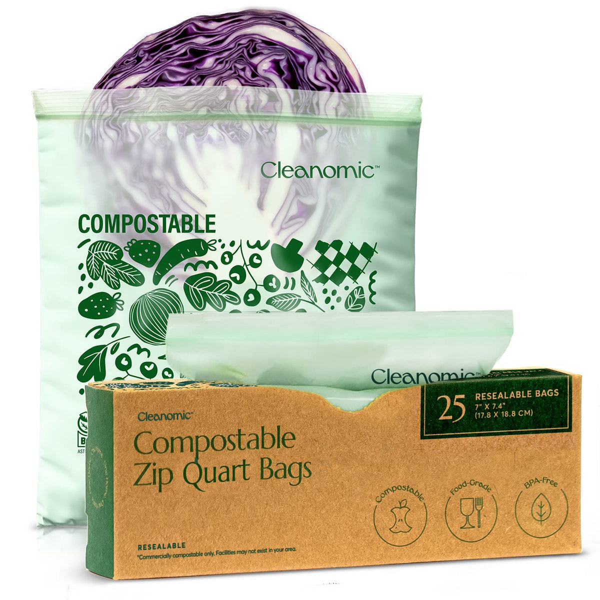 Cleanomic Compostable Zip Sandwich Bags - Leak Resistant, Gallon, Quart, Sandwich, Snack - 125 Count