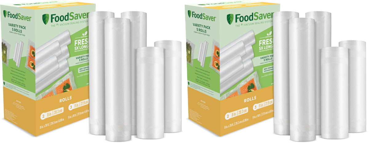 FoodSaver Custom Length Vacuum Sealer Bags Multipack, 5 Count Rolls for Airtight Food Storage and Sous Vide - Compatible with FoodSaver, 8 (2 Pack) and 11 (3 Pack)