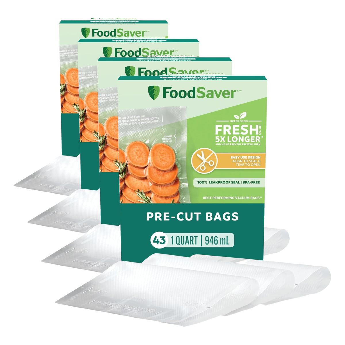 FoodSaver Quart Pre-Cut Vacuum Seal Bags, Easy Use Vacuum Storage Bags, Align to Seal and Tear to Open Vacuum Sealer Storage Bags, 43 Pack