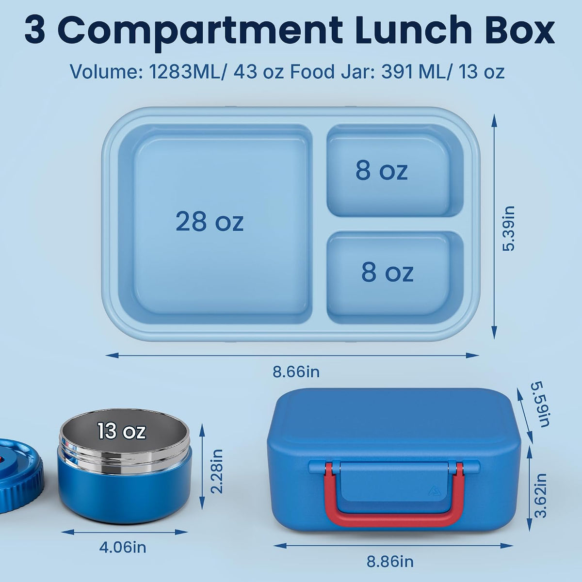 Bento Lunch Box 1283ML/ 43 oz with 391 ML/ 13 oz Food Jar, Ice Pack