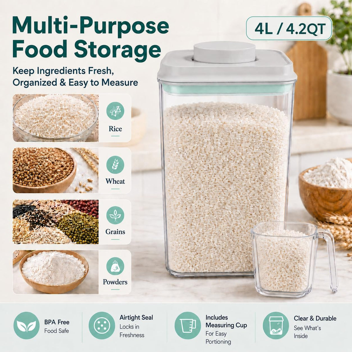 POP Airtight Flour-Rice Food-Storage Container - 4L/4.2Qt Jar with Lid and 3.3Oz Scoop | BPA-Free | Can Hold 5lb of Flour or 5lb of Rice | Stackable and Durable
