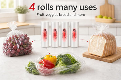 Mr Miracle Plastic Produce Bags for Food Storage - 12"x20" Clear Grocery Bag for Fruits, Vegetables, Bread - Easy Peel-Off Design, Continuous Roll, 1.75" Core, Pack of 1440 Bags [4 rolls]