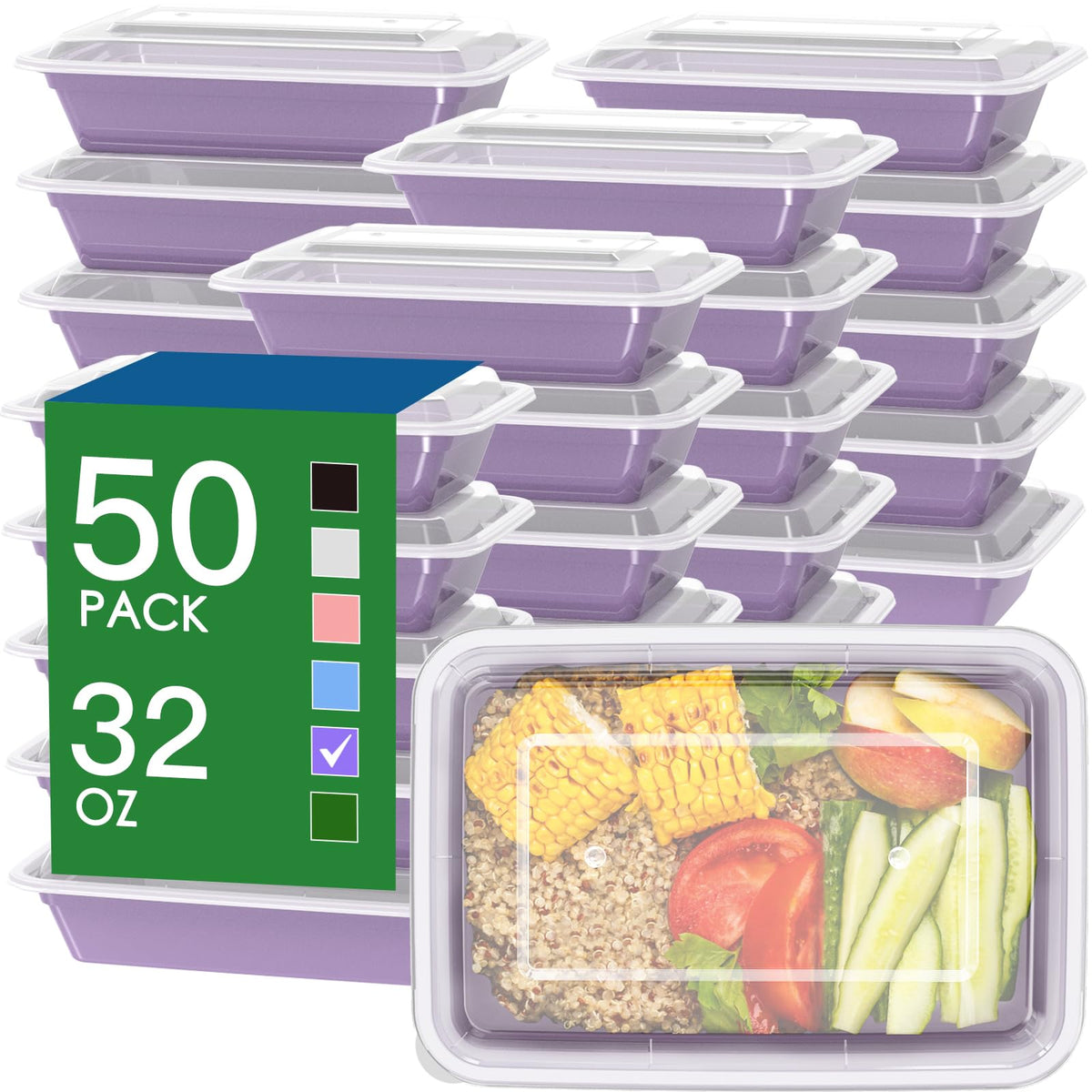50 Pack (100-Piece) 32 oz Meal Prep Containers with Easy Open Lids, Black