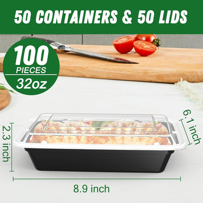 50 Pack (100-Piece) 32 oz Meal Prep Containers with Easy Open Lids, Black