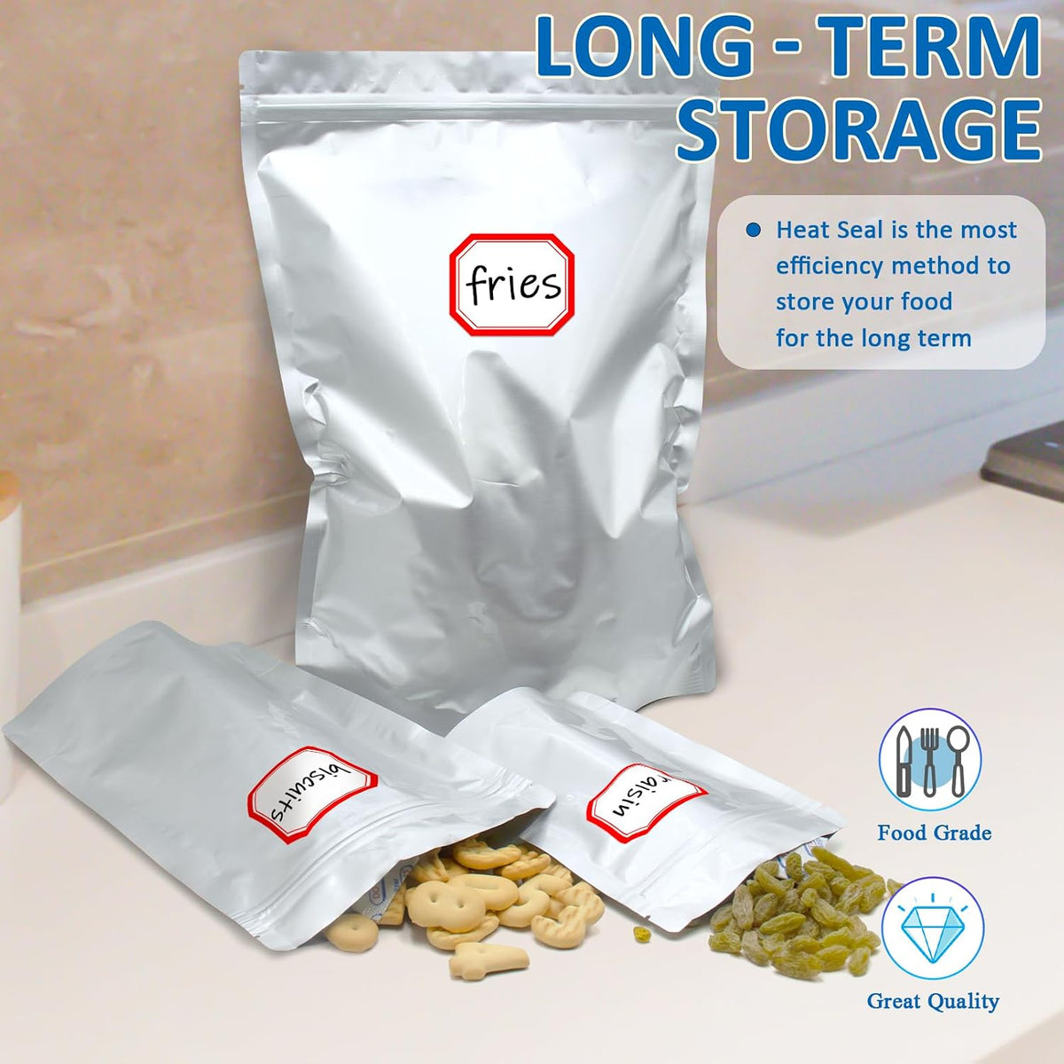 100 Pack Mylar Bags with 300cc Oxygen Absorbers for Food Storage