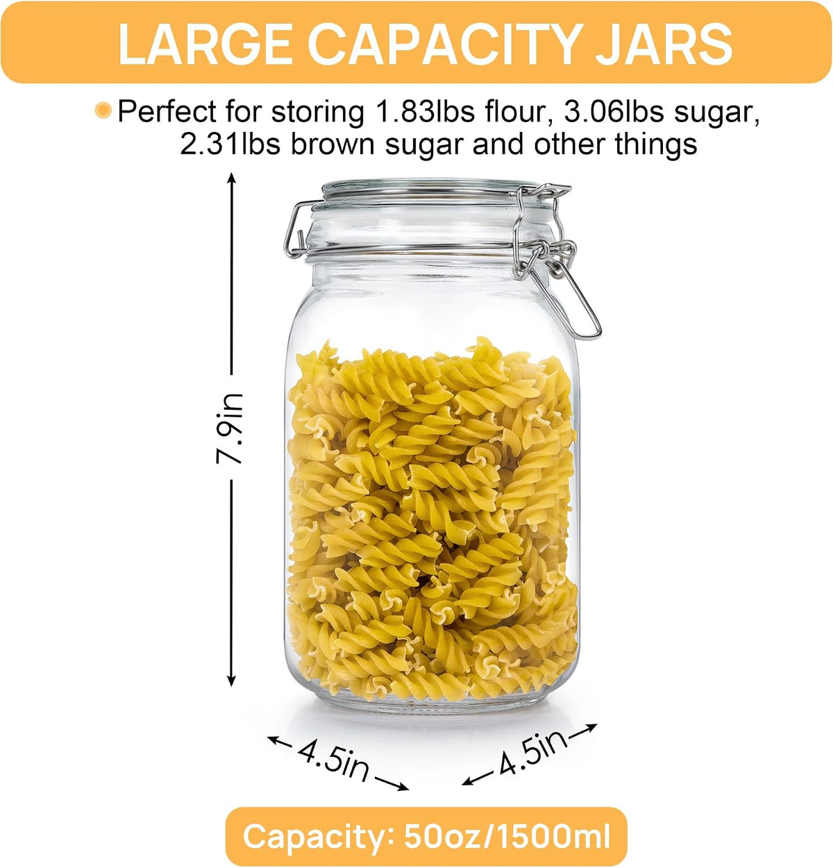 CHEFSTORY 50oz Glass Food Storage Jars with Airtight Clamp Lids, 3 Pack