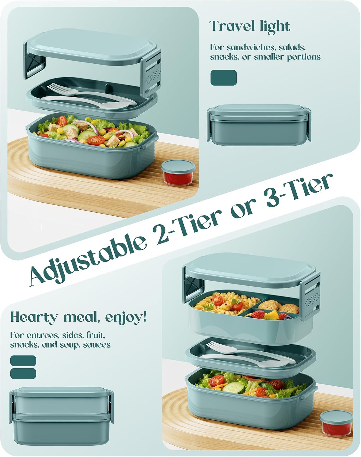 Bento Lunch Box, 65 oz 3-Tier Stackable Lunch Container, Adjustable 2/3 Tier Design, BPA-Free Food-Grade Plastic, Leakproof, Microwave & Dishwasher Safe, Green