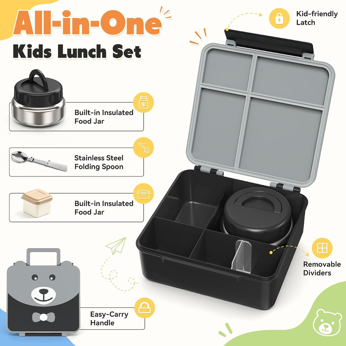 Bento Lunch Box for Kids with 9oz Soup Thermo,Kids 4 Compartments Bento Box with Folding Spoon & Sauce Cup,Lunch Box Kids for School,Travel, BPA-Free(Black)