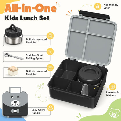 Bento Lunch Box for Kids with 9oz Soup Thermo,Kids 4 Compartments Bento Box with Folding Spoon & Sauce Cup,Lunch Box Kids for School,Travel, BPA-Free(Black)