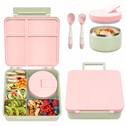 Pawtong Bento Lunch Box with 8oz Soup Thermo, Kids Leakproof Lunch Food Containers with 4 Compartment, Kids Thermo Insulated Hot Food Jar for School, Trvael - (Pink)