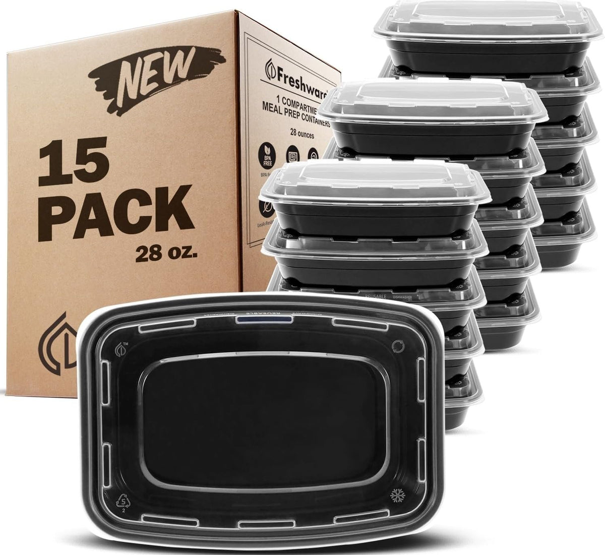 Freshware Meal Prep Containers [50 Pack] 1 Compartment with Lids, Food Storage Containers, Bento Box, BPA Free, Stackable, Microwave/Dishwasher/Freezer Safe (24 oz)