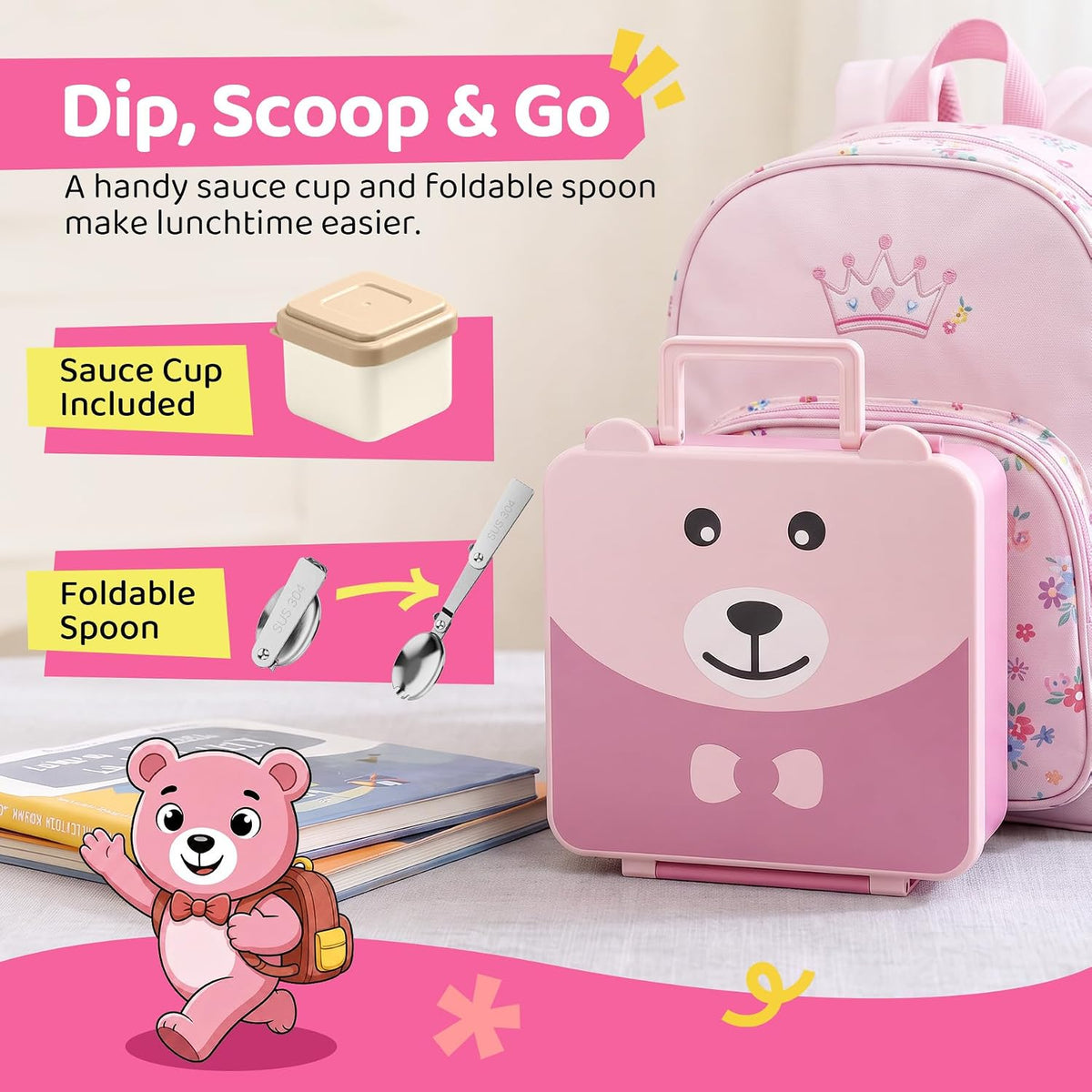 Kids Bento Lunch Box Leak-Proof 4-Compartment 8oz Soup Thermo（Pink）
