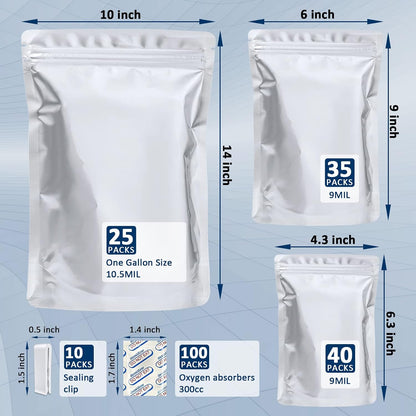 100 Pack Mylar Bags with 300cc Oxygen Absorbers for Food Storage