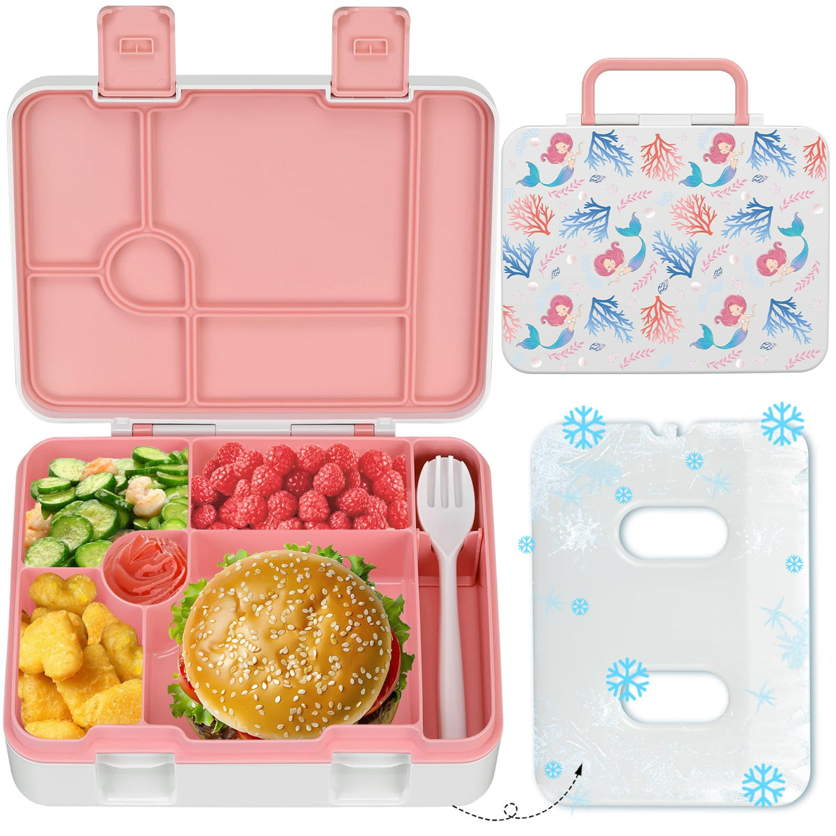 Kids Bento Lunch Box with Ice Pack, 5 Compartments Leak-Proof Bento Box with Utensils, 5.5-Cup Capacity for Adults & Ages 8+, BPA Free, Microwave & Dishwasher Safe, Pink