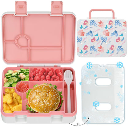 Kids Bento Lunch Box with Ice Pack, 5 Compartments Leak-Proof Bento Box with Utensils, 5.5-Cup Capacity for Adults & Ages 8+, BPA Free, Microwave & Dishwasher Safe, Pink