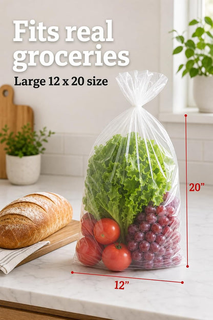 Mr Miracle Plastic Produce Bags for Food Storage - 12"x20" Clear Grocery Bag for Fruits, Vegetables, Bread - Easy Peel-Off Design, Continuous Roll, 1.75" Core, Pack of 1440 Bags [4 rolls]