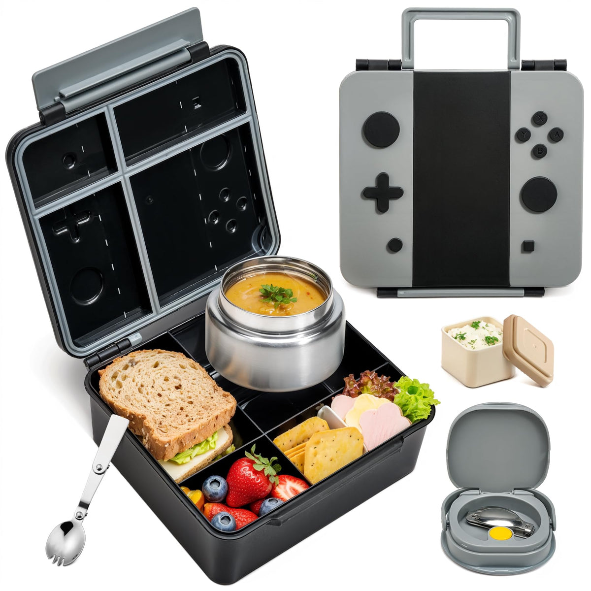 Game Bento Box for Kids, Lunch Box with Thermo(9oz Food Jar), Folding Spoon, Removable Divider & Sauce Cup, Lunch Box Kids for School,Travel, BPA-Free & Realistic Shape(Blue-Red)