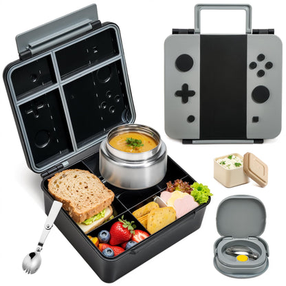 Game Bento Box for Kids, Lunch Box with Thermo(9oz Food Jar), Folding Spoon, Removable Divider & Sauce Cup, Lunch Box Kids for School,Travel, BPA-Free & Realistic Shape(Blue-Red)