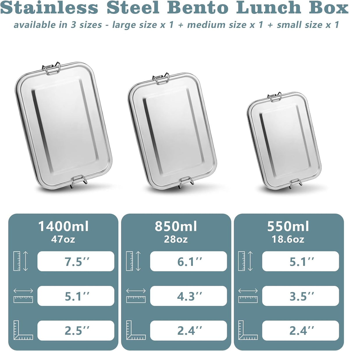 TeamFar Stainless Steel Bento Box, 3 Pack (18.6, 28 & 47oz) Metal Lunch Box