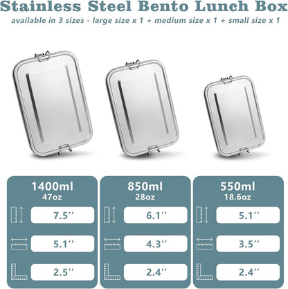 TeamFar Stainless Steel Bento Box, 3 Pack (18.6, 28 & 47oz) Metal Lunch Box