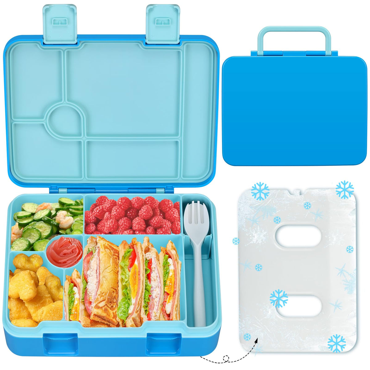 Kids Bento Lunch Box with Ice Pack, 5 Compartments Leak-Proof Bento Box with Utensils, 5.5-Cup Capacity for Adults & Ages 8+, BPA Free, Microwave & Dishwasher Safe, Pink