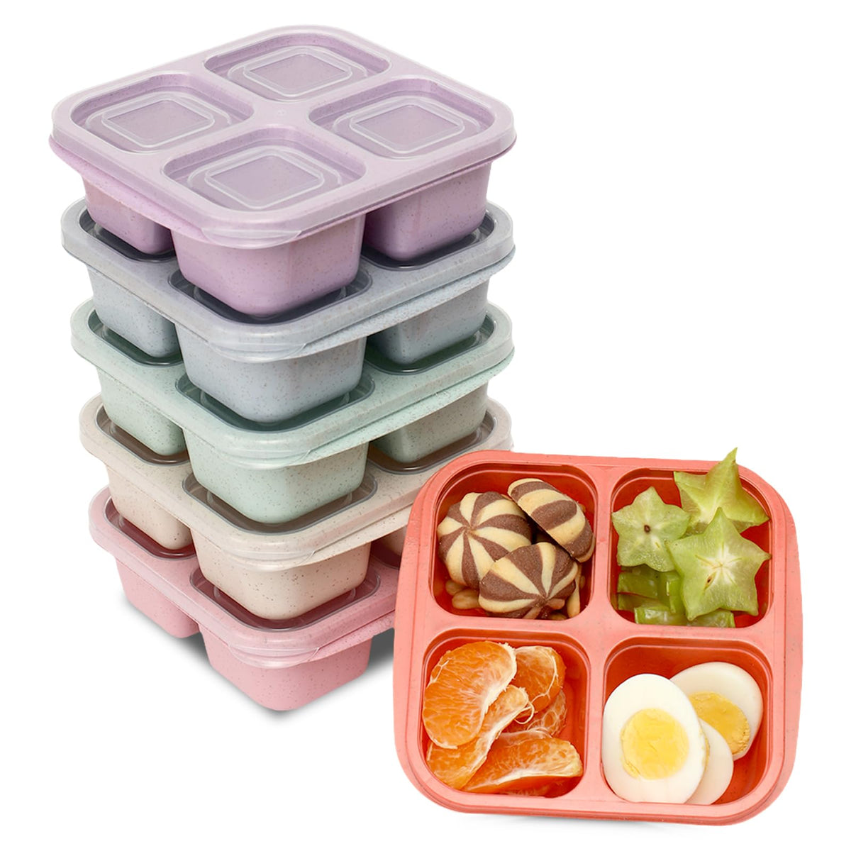 6 Pack Snack Containers, 4 Compartment Snack Box Containers Bento Box, Reusable Meal Prep Lunch Containers for Adults Kids Toddler, Divided Food Containers for Travel Work School