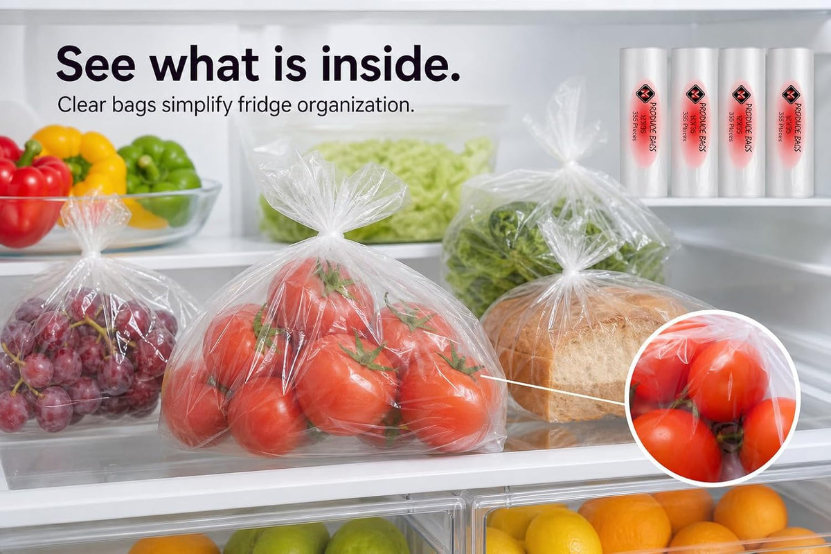 Mr Miracle Plastic Produce Bags for Food Storage - 12"x20" Clear Grocery Bag for Fruits, Vegetables, Bread - Easy Peel-Off Design, Continuous Roll, 1.75" Core, Pack of 1440 Bags [4 rolls]